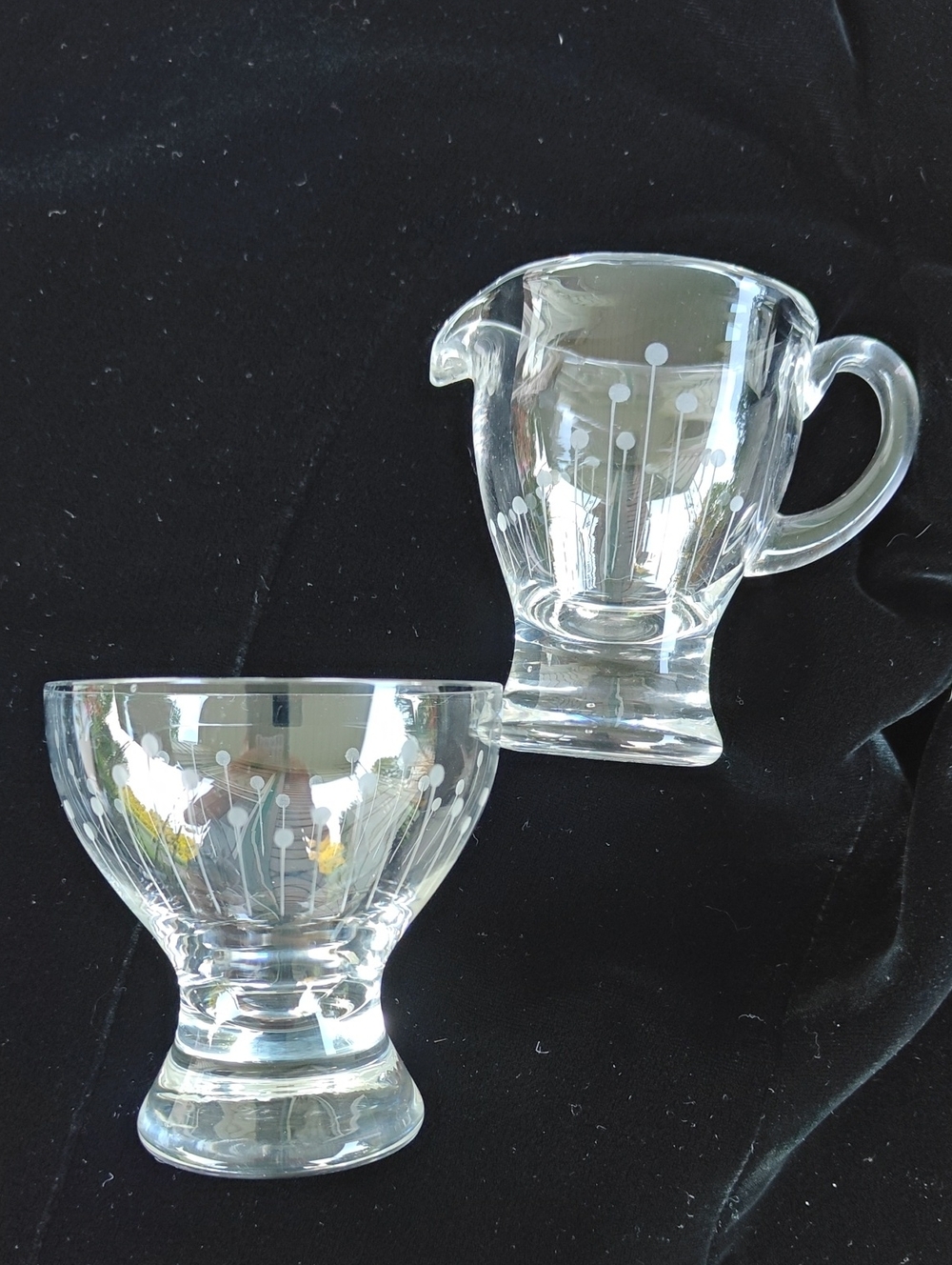 Clear Glass Creamer and Sugar Set with Etched Line And Dot Pattern
